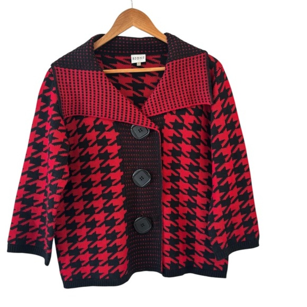 Sioni Red Black Houndstooth Cardigan Sweater‎ Womens Size L Maximalist Artsy